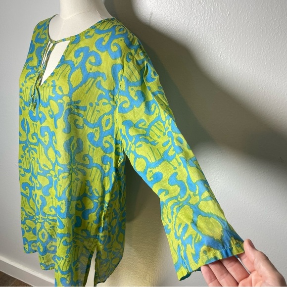 Rock Flower Paper Tunic Swim Cover Up Size Large Blue & Green - Picture 4 of 9